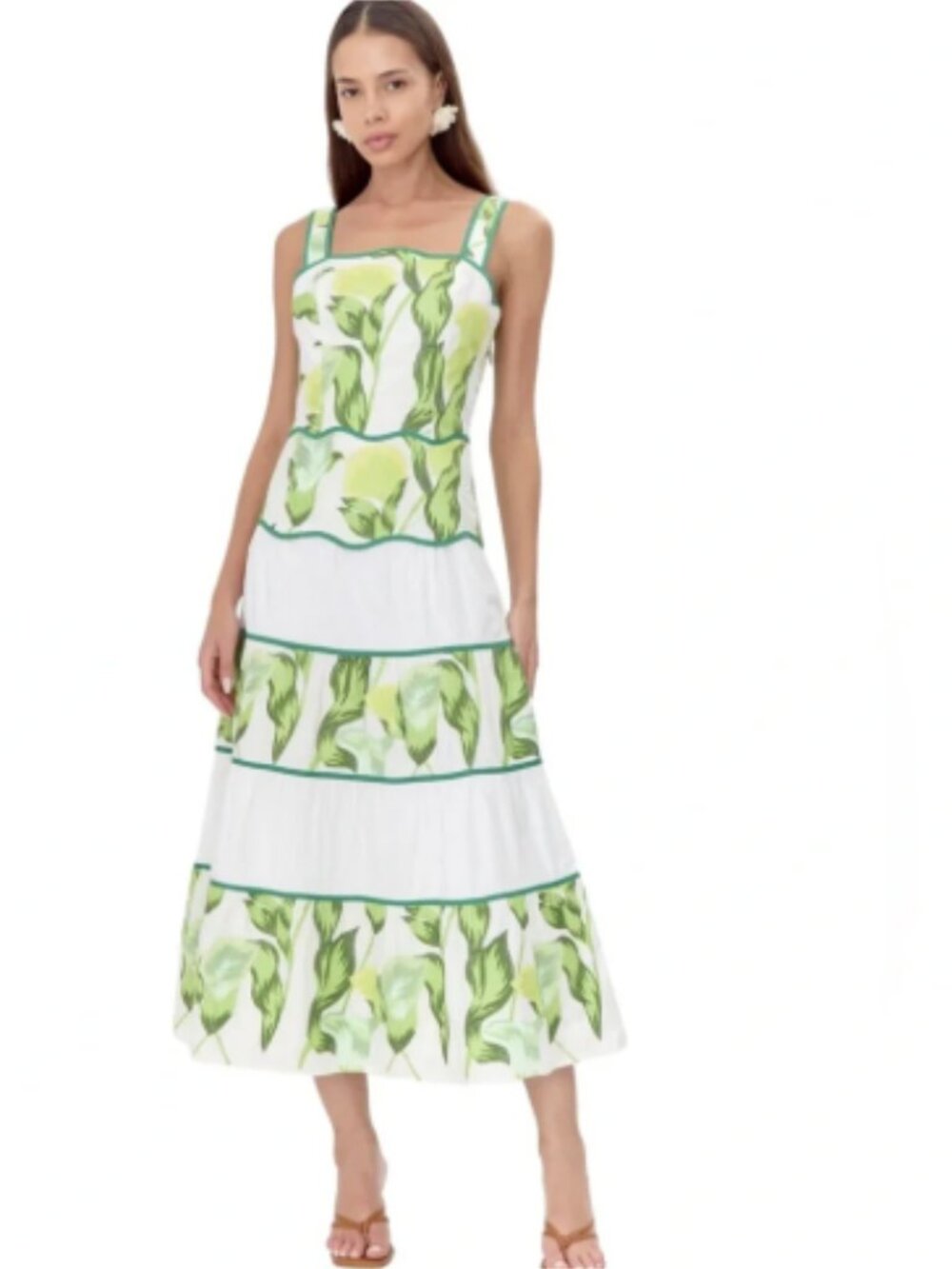 Adelyn Rae Lisha White Green Embroidered Floral Stripe Tiered Midi Dress M